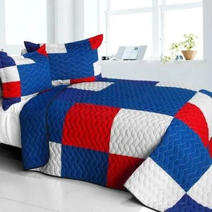 3 Stück wunderschöne blaue Vermicelli Queen Quilt Shams geometrisch rot blau - Bild 1 von 1