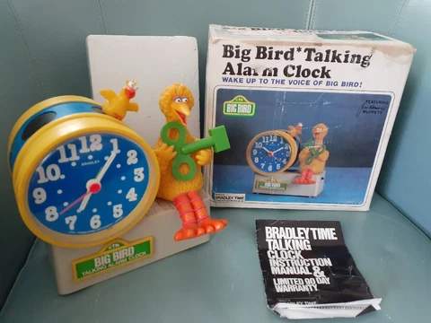 Working Sesame Street Big Bird Bradley Talking Alarm Clock w/ Green Key And Box Cover