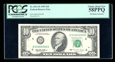 DBR 1995 $10 FRN Cleveland Fr. 2031-D PCGS 58 PPQ Serial D01865606B - Image 1 of 2