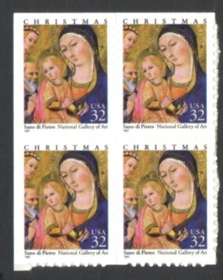 Block 4 UnUsed US Postage 32 Cent CHRISTMAS Stamps SANO di PIERTO National Art G - Image 1 of 2