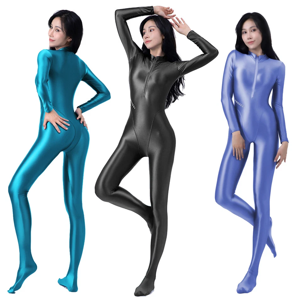 AMORESY Oil Women Glitzer Einteiler Langarm Overalls Elasthan Jumpsuit Bodysuit - Bild 1 von 4