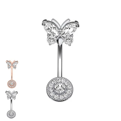Piercing ombelico a curvo in acciaio inox farfalla cristallo CZ per donna ragazz - Immagine 1 di 3
