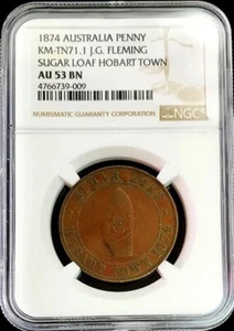 1874 AUSTRALIA 1 PENNY J.G. FLEMING SUGAR LOAF HOBART TOWN NGC AU 53 BN TN71.1 - Picture 1 of 3