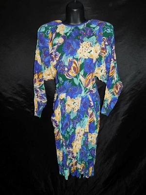 De Colección Años 80 Choon S Púrpura Amarillo Floral Midi Vestido Cambio Bolsillos Blusa Texturizada Foto 1 de 4