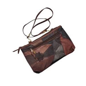VTG Boho Brown Faux Leather Patchwork Reversible 11x7" Cross Body Bag Purse - Picture 1 of 9