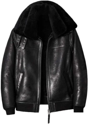 Mens Black Aviator Bomber Jacket Flight Genuine Leather Short Shearling Fur Coat - Image 1 of 4