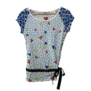 Desigual Top Size Small T-Shirt Colorful Mosaic Print Ribbon Waist Tie Tee - Picture 1 of 7