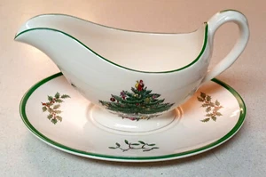 Spode Christmas Tree Gravy Boat & Under Plate England - NICE - Picture 1 of 6
