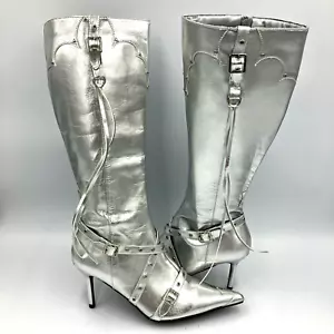Botas plateadas para mujer talla 11 punta fina tacón alto tiras hasta la rodilla - Imagen 1 de 10