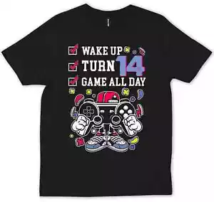 Level 14 Year Old 14th Birthday Gamer Boy Video Game Retro Funny Gift T-Shirt - Picture 1 of 4