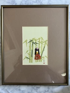 Framed Japanese Girl Red Kimono in Bamboo Field Mocha Matte Aged Bronze 10x12" - Picture 1 of 6