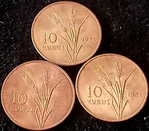 3x **UNC/BU RED/BN** 1971 Turkey 10 Kurus km#898.1 Bronze Coin - Picture 1 of 2