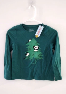Cat & Jack Girl Size 8 Green Long Sleeve Shirt Panda Bear Christmas - Image 1 of 4