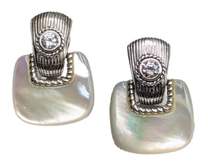 Judith Ripka Sterling Silver 925 CZ Mother of Pearl MOP Door Knocker Earrings - Picture 1 of 12