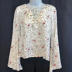 Verte Floral Blouse Lace Front Bell Sleeve Shirt Flowy High Low Top New NWT - Picture 1 of 12