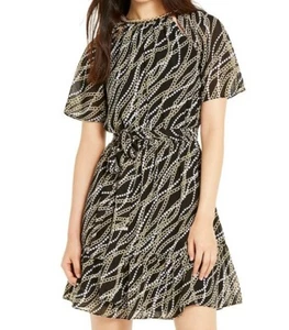 NWT $165 Michael Kors Chiffon Printed Chain Detail Dress Black / Gold - Picture 1 of 8