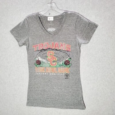 USC Trojans Women Top Small Gray T-Shirt Fanatics Logo Rose Bowl 2017 V Neck Tee - Image 1 of 4