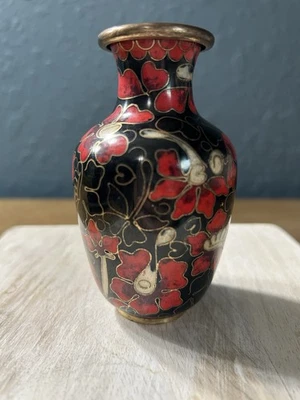  Cloisonné Brass Multi Color Floral Enamel Vase 4" Vintage Red Black - Image 1 of 4
