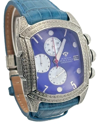 Aqua Master Men's Blue Dial Full Diamond Case Leather Band Watch - Image 1 of 4