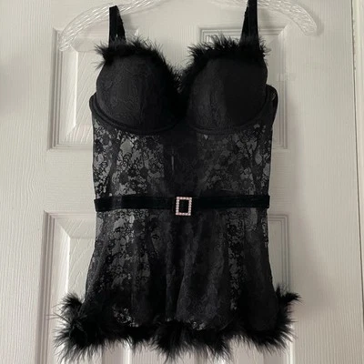 Coquette Size Medium Babydoll Lingerie Lace Underwire Padded Feather Rhinestone - Image 1 of 4