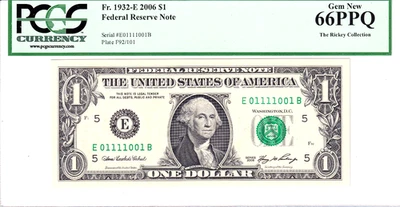 2003-A $1 FRN PCGS Gem New 66PPQ Fancy TRUE 0/1 BINARY Serial #E01111001B - Image 1 of 2