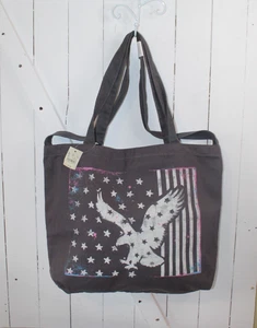 American Eagle Outfitters Weekend Tote Boho Beach Bag Dark Gray Distressed Logo - Picture 1 of 11