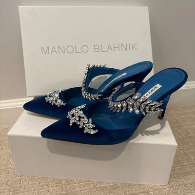 MANOLO BLAHNIK Lurum $1475 Azul Terciopelo Cristal Embellecido 39.5 90mm Mules con Caja Foto 1 de 4