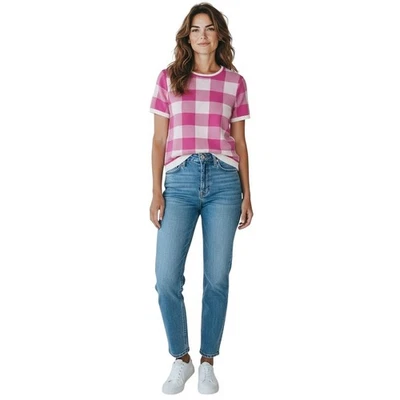 Suéter tejido manga corta Skies Are Blue para mujer rosa blanco guinga mediano Foto 1 de 4