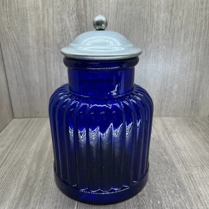 Vintage Ribbed Glass Canister Jar Decorative Silver Tone Metal Lid Cobalt Blue - Picture 1 of 9