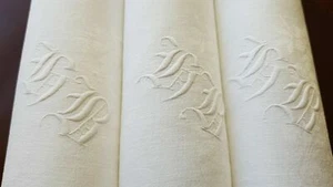 4 XL antike französische Leinen bestickte Servietten handmonogrammiert LR AR HR GOTHIC - Bild 1 von 10