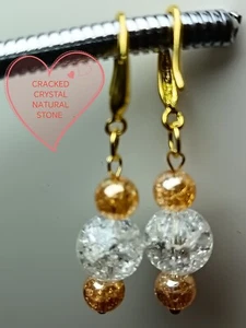Earrings,14Ct Gold on Silver,Naturall,Gold and White Quartz,Clasic,Elegant Style - Picture 1 of 13
