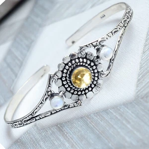Citrine Topaz & Blue Moonstone Gemstone Bracelet 925 Sterling Silver Cuff Bangle - Picture 1 of 8