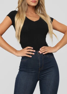 Женская первоклассная мягкая хлопковая вязаная базовая футболка с v-образным вырезом короткий рукав твердая резинка - Изображение 1 из 4