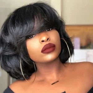 Women Thick Bob Wigs Full Wigs Short Human Hair Wigs With Bangs Bob Straight Wig - Picture 1 of 9