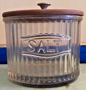 Depression Era Clear Glass Ribbed Salt Jar Wooden Lid - Picture 1 of 6