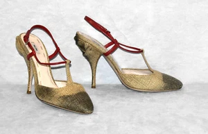 C5 NEW MIU MIU Gold/Gray Woven Canvas Red T Strap Slingback Heels Shoes Size 40 - Picture 1 of 5