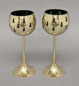 Votive Candle Holder Brass Green Glass Liner Tree Cutouts 3"D 7.5"High Set/2 - Picture 1 of 5