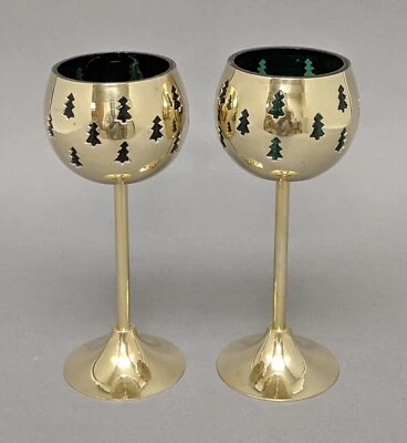 Votive Candle Holder Brass Green Glass Liner Tree Cutouts 3"D 7.5"High Set/2 - Image 1 of 4