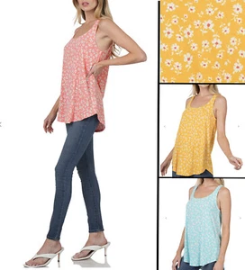 ZENANA 8220 Flower Print Sleeveless Tunic Tank Top Crescent Hem Relaxed Fit - Picture 1 of 12