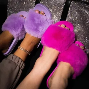 NEW Soft Faux Fur Bling Rhinestone Slide Flat Sandal Slipper Flip Flops Open Toe - Picture 1 of 22