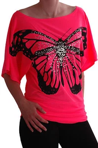 Womens Boat Neck Short Batwing Short Sleeve Butterfly Print T-Shirt Tunic Tops - Picture 1 of 20
