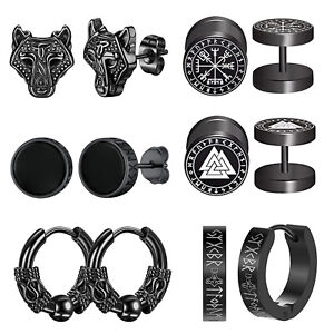 6pairs Norse Viking Runes Stud Earrings For Men Women Hoop Stainless Steel Stud