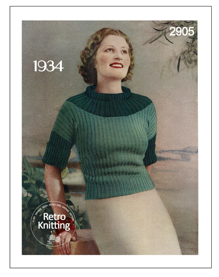 1930's Stylish Roll Collar Sweater Knitting Pattern Bust 34 - Image 1 of 1