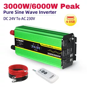 24V to 240V Pure Sine Wave 3000W 6000W Power Inverter With 4USB 4AC Remote Green - Picture 1 of 9