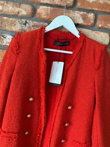 A955 ZARA RED TWEED FANTASY FABRIC BLAZER JACKET GOLD BUTTONS COAT LARGE - L - Picture 1 of 12