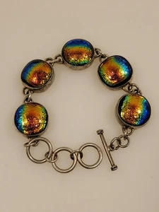 Dichroitisches Glas 925 Sterling Silber Armband glänzend Regenbogenfarben Vintage schön! - Bild 1 von 12