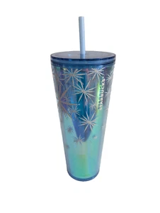 New STARBUCKS 24oz VENTI 2023 Holiday Snowflakes Blue Iridescent Cold Cup Straw - Picture 1 of 9