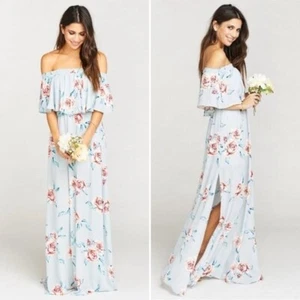 Show Me Your Mumu Hacienda Maxi Dress blue floral off shoulder S - Picture 1 of 15