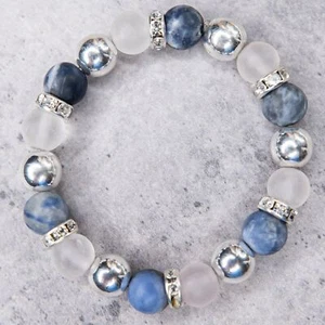 Blue Cloud Bracelet, Sodalite, Quartz, Silver Hematite, 5.5" - Picture 1 of 7