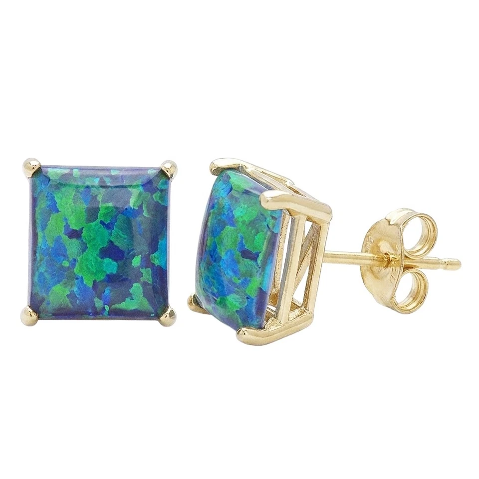 Aretes cuadrados de ópalo creados en laboratorio de oro macizo de 14K fuego push hacia atrás todos los tamaños Foto 1 de 1